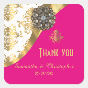 Gold, pink and white damask pattern thank you square sticker