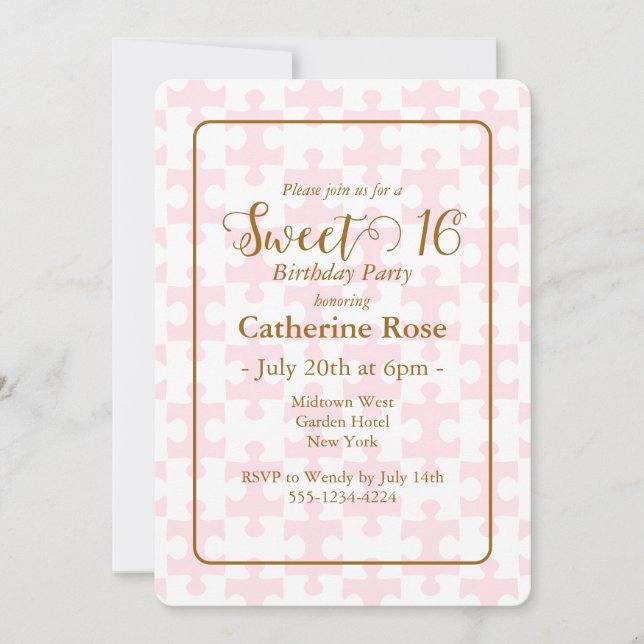 Gold Pink And White Puzzle Chequered Sweet 16 Invitation (Front)