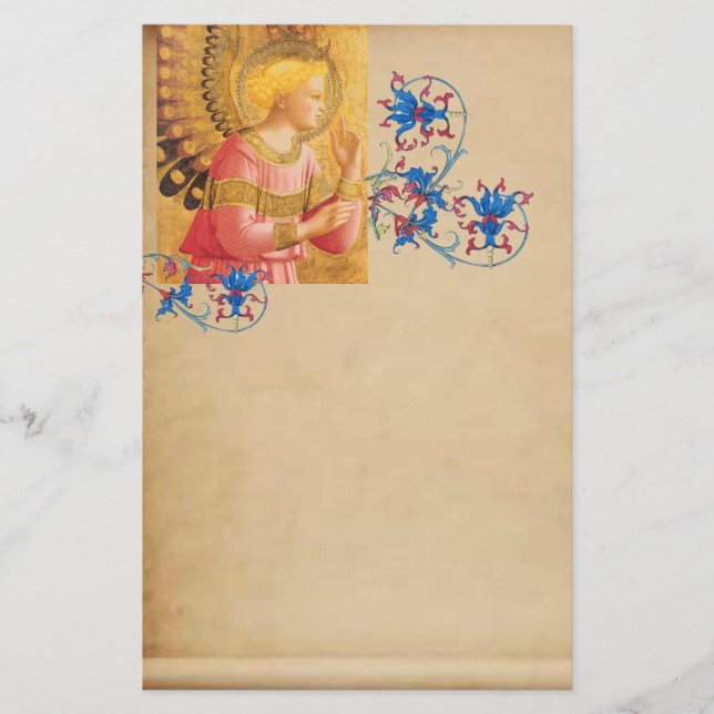 GOLD PINK ANGEL Antique Floral Parchment Stationery (Front)