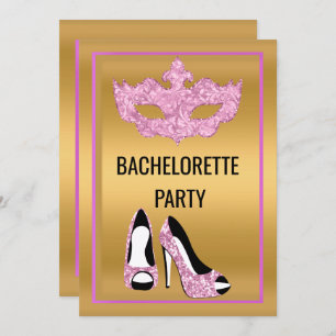 GOLD PINK BACHELORETTE HEELS MASQUERADE PARTY INVITATION