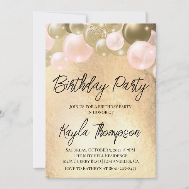 Gold Pink Balloon Birthday Party Invitation (Front)