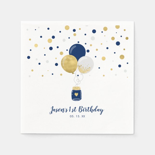 Gold & Pink | Balloons & Confetti Boy Birthday Napkin (Front)
