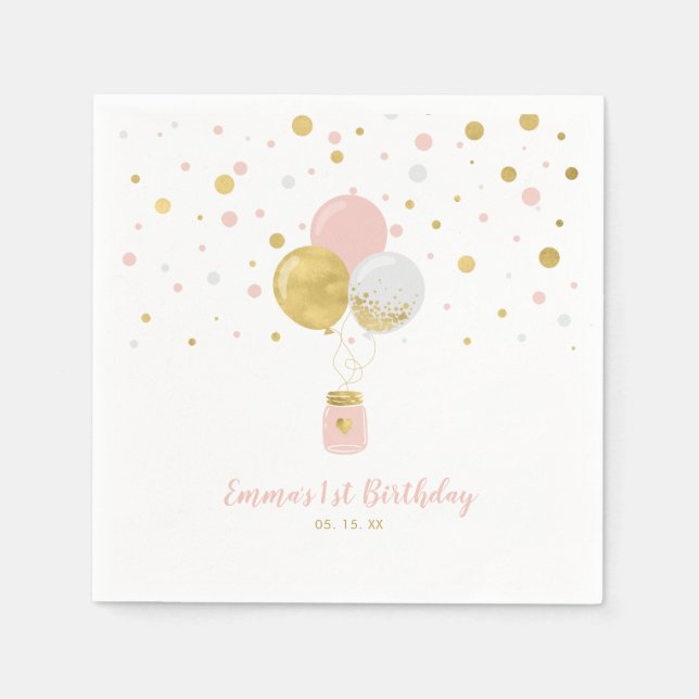 Gold & Pink | Balloons & Confetti Girl Birthday Napkin (Front)