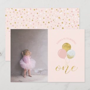 Gold & Pink Balloons Girl 1st Birthday Party Inv Invitation