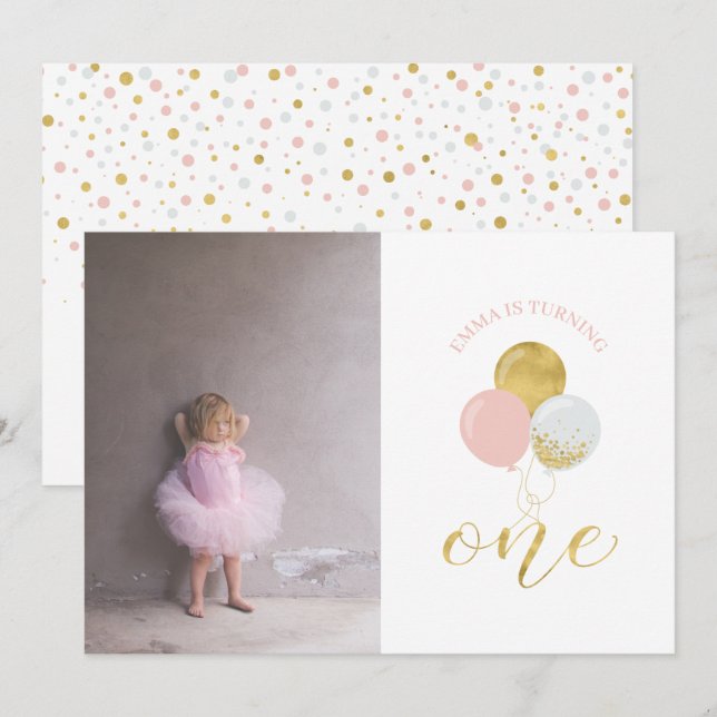 Gold & Pink Balloons | Girl 1st Birthday Party Invitation (Front/Back)
