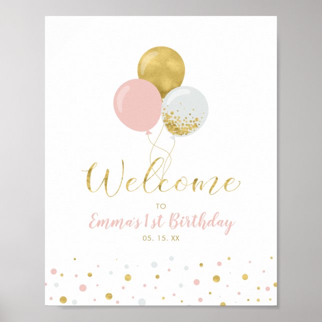 Gold & Pink Balloons | Girl 1st Birthday Welcome Poster (Front)