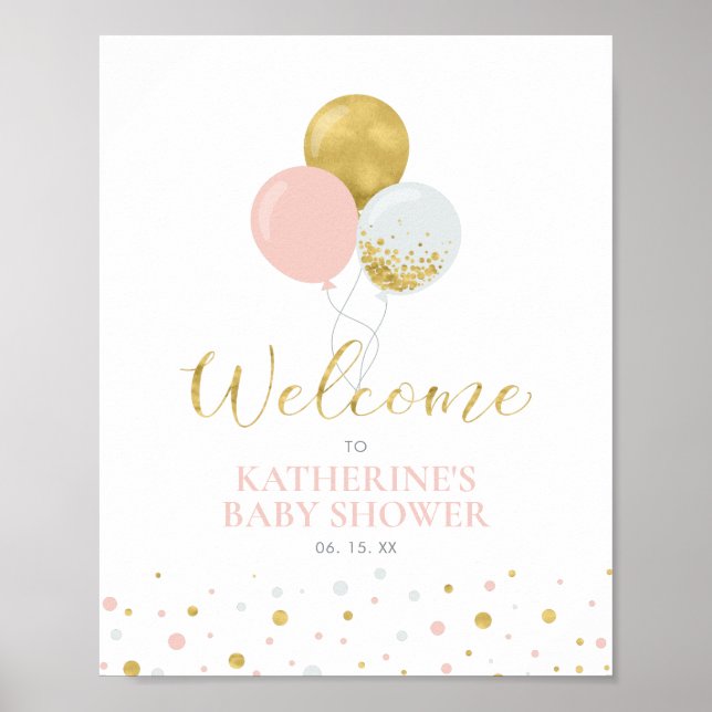 Gold & Pink Balloons | Girl Baby Shower Welcome Poster (Front)