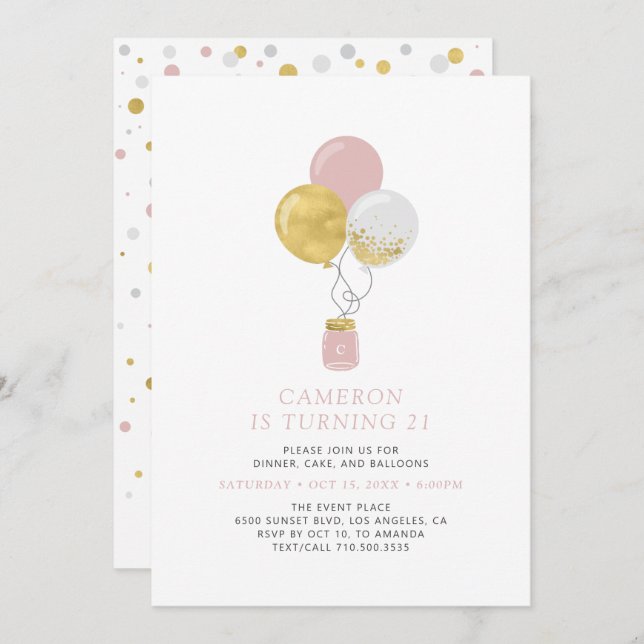 Gold & Pink Balloons Modern Adult Birthday Party Invitation (Front/Back)