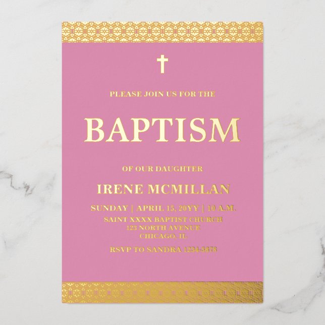 Gold Pink Baptism  Foil Invitation (Front)