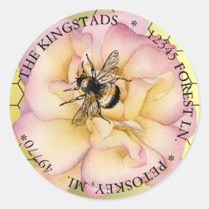 gold pink bee on flower address classic round sticker