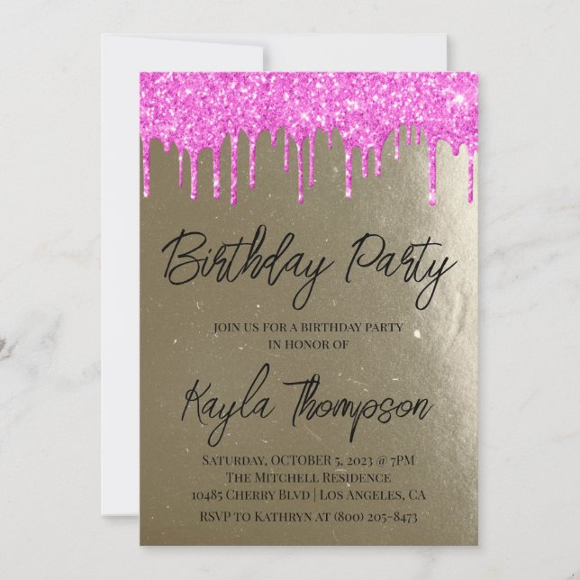 Gold Pink Birthday Party Invitation (Front)