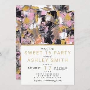 Gold pink black acrylic brushstrokes Sweet 16 Invitation