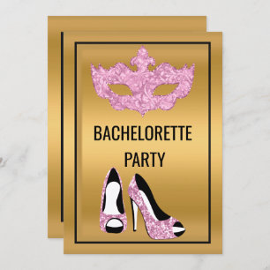 GOLD PINK BLACK BACHELORETTE MASQUERADE PARTY INVITATION