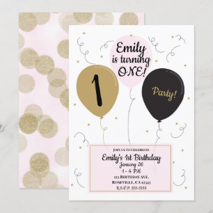 Gold Pink & Black Balloons Girl 1st Birthday Party Invitation