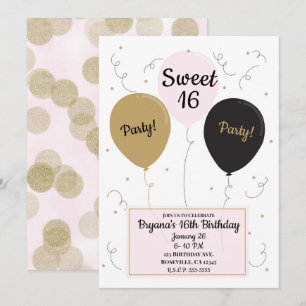 Gold Pink & Black Balloons Sweet 16 Birthday Party Invitation