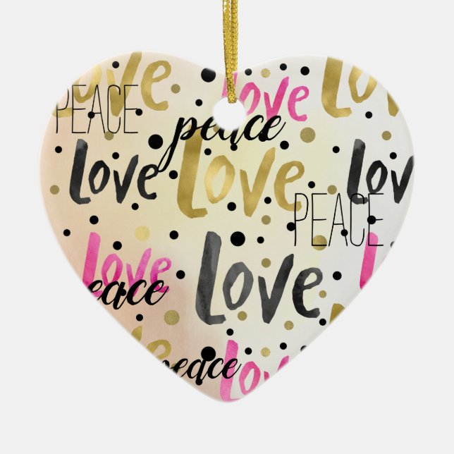 Gold Pink Black Confetti Love Peace Ceramic Ornament (Front)
