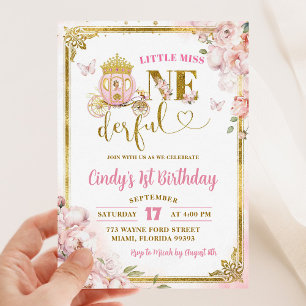 Gold Pink Blonde Princess Onederful Birthday Invitation