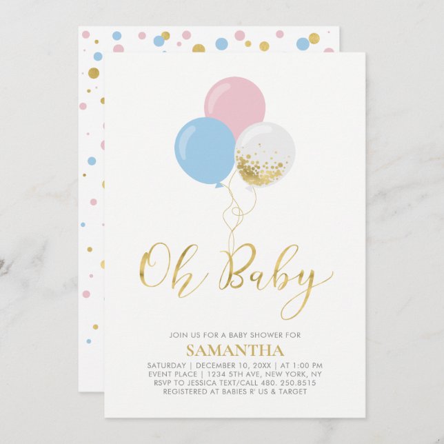 Gold, Pink, Blue Balloons | Oh Baby Baby Shower Invitation (Front/Back)