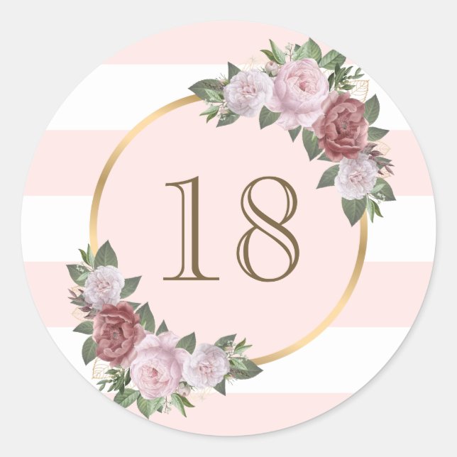 Gold Pink Blush Floral Custom Number Classic Round Sticker (Front)