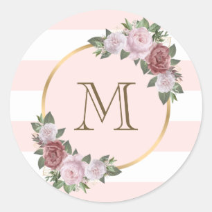 Gold Pink Blush Floral Monogram Initial Classic Round Sticker