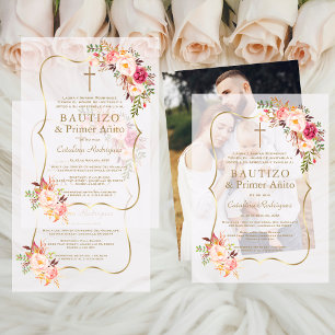 Gold Pink Blush Flowers 1st Birthday Baptism Vellum Invitations