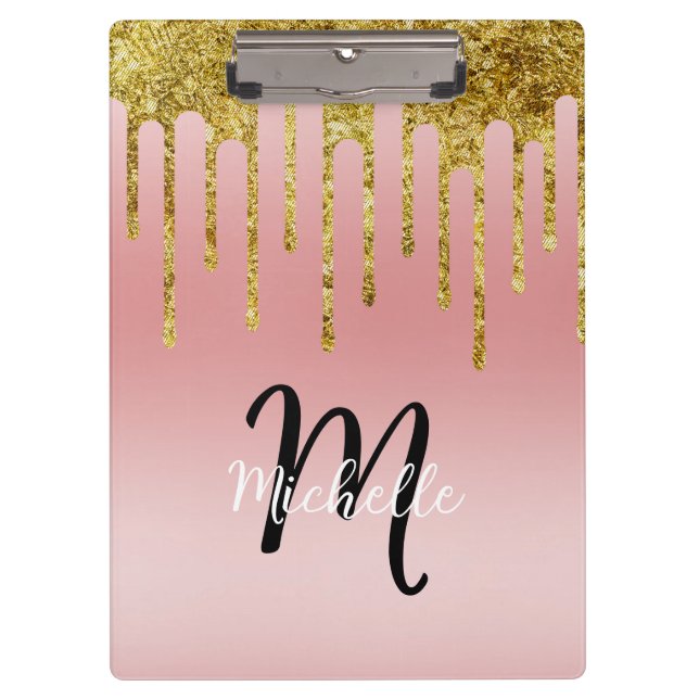 Gold Pink Blush Glitter Drip Monogram Sparkle Cute Clipboard (Front)