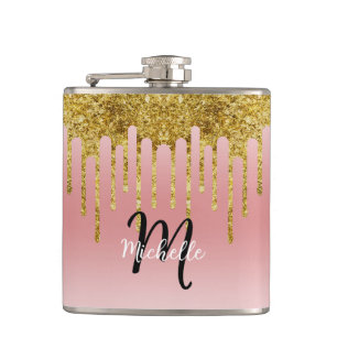 Gold Pink Blush Glitter Drip Monogram Sparkle Cute Hip Flask