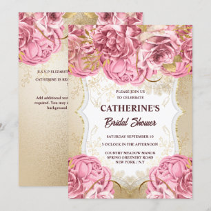 Gold pink blush rose floral watercolor bridal invitation