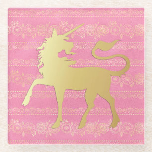 Gold & Pink Bohemian Pattern & Unicorn Glass Coaster