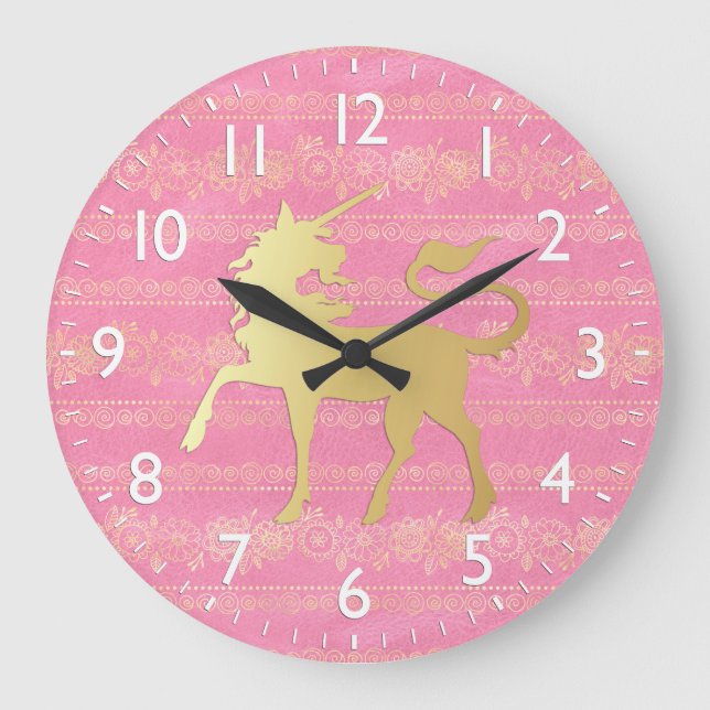 Gold & Pink Bohemian Pattern & Unicorn Large Clock (Front)