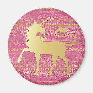 Gold & Pink Bohemian Pattern & Unicorn Magnet