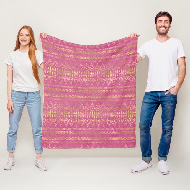 Gold & Pink Bohemian Unicorn Pattern Fleece Blanket (In Situ)