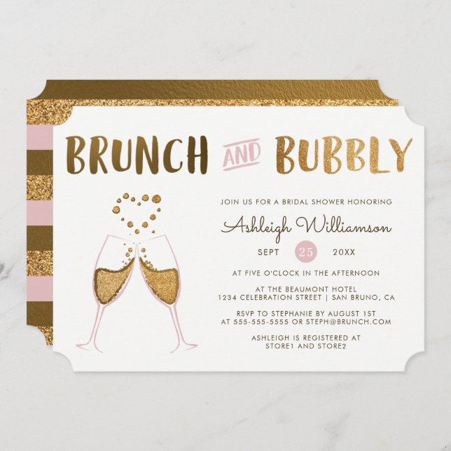 Gold & Pink Brunch & Bubbly Wedding Bridal Shower Invitation (Front/Back)