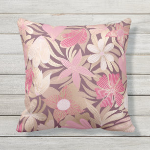 Gold Pink Burgundy Floral Leaves Illustrations Cushion