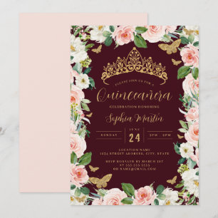 Gold Pink Burgundy Floral Tiara Quinceanera Invitation