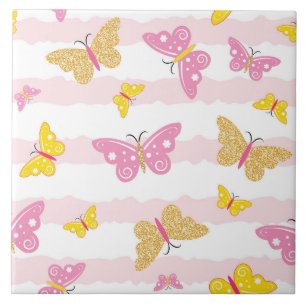 Gold & Pink Butterfly Ceramic Tile