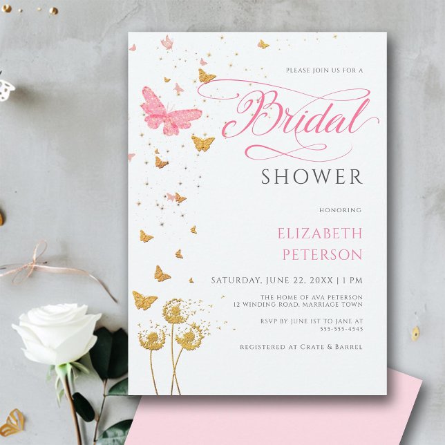 Gold Pink Butterfly Wildflowers Bridal Shower Invitation (butterflies wildflowers gold pink bridal shower invitation modern romantic calligraphy elegant boho)