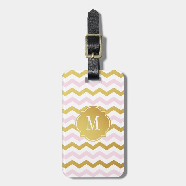 Gold & Pink Chevron Monogram Luggage Tag (Front Vertical)
