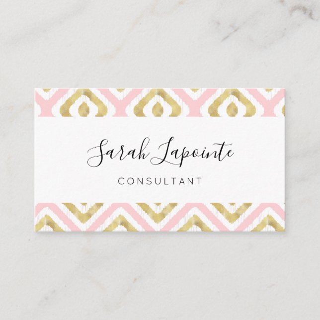Gold & Pink Chic & Elegant Ikat Pattern Business Card (Front)