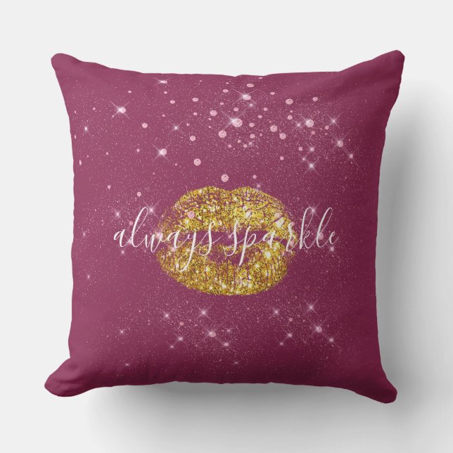 Gold Pink Chic Sparkle Lips Cushion (Front)