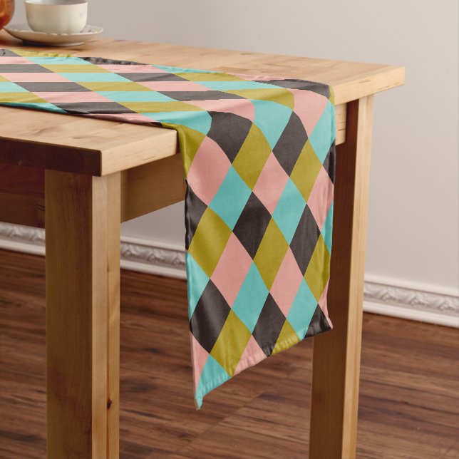Gold Pink Chocolate Ivor Teal Plaid   Short Table Runner (In Situ)