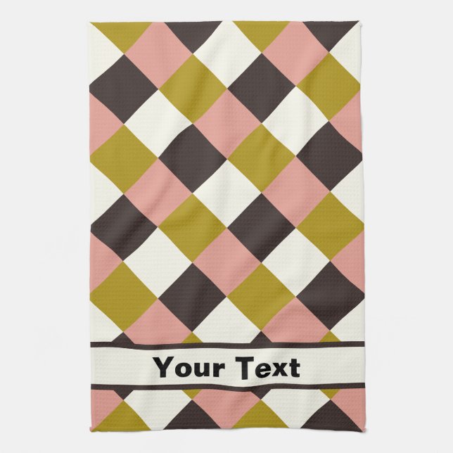 Gold Pink Chocolate Ivory Plaid - Personalised Tea Towel (Vertical)