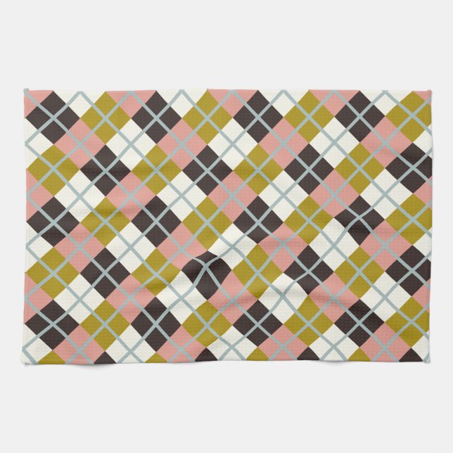 Gold Pink Chocolate Ivory Plaid Tea Towel (Horizontal)
