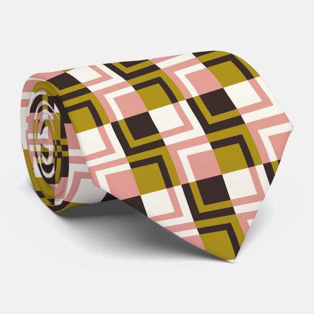 Gold Pink Chocolate Ivory Plaid  Tie (Rolled)