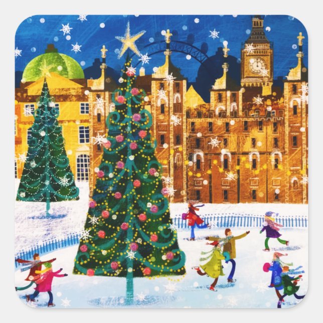 Gold Pink Christmas Winter Ice Skating  Square Sticker (Front)