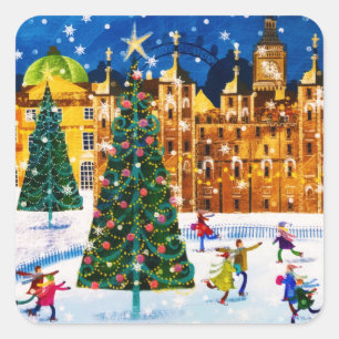 Gold Pink Christmas Winter Ice Skating  Square Sticker