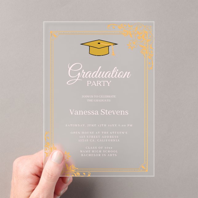 Gold Pink Classic Graduation Cap Party  Acrylic Invitations (Insitu (Handheld))