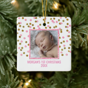 Gold Pink Confetti Baby's First Christmas Photo Ceramic Ornament