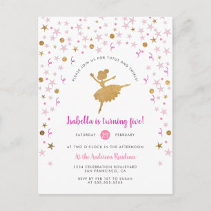 Gold & Pink Confetti Ballerina Birthday Invitation