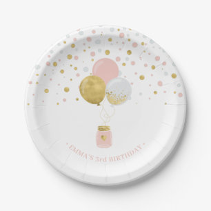 Gold & Pink Confetti, Balloons 1st Birthday Paper Plate